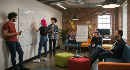 Group of young business people discussing business plan at modern startup office buildingの素材