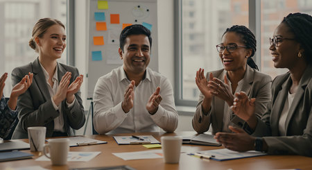 Group of happy business people applauding during a meeting in the officeの素材