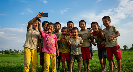 Unidentified children taking a selfie with mobile phone in Ubud, Bali, Indonesiaの素材