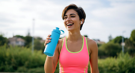 Portrait of a happy young woman drinking water after workout outdoors.の素材