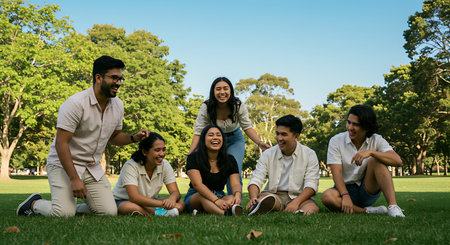 Group of friends sitting on the grass in the park and looking at cameraの素材