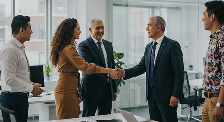 selective focus of multicultural businesspeople shaking hands during meeting in officeの素材