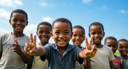 Group of happy African kids in school uniform smiling and showing peace signの素材