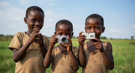 Group of happy African children taking a picture with a digital camera.の素材