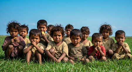 Group of boys and girls sitting on the grass in the field.の素材