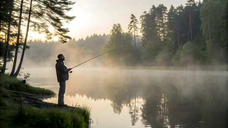 Fisherman with fishing rod on the lake in the morning.の素材