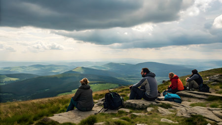 Group of hikers sitting on top of a mountain and looking at the viewの素材