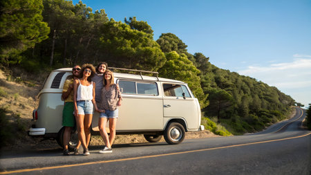 Group of friends standing by campervan on a road in the countrysideの素材
