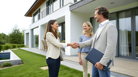 Real estate agent shaking hands with young couple in front of new houseの素材