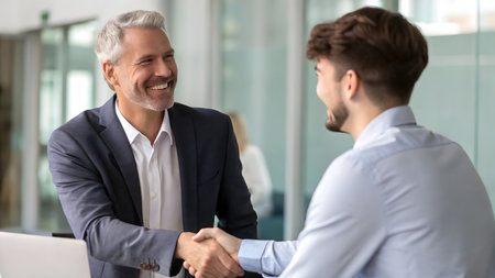 Two businessmen shaking hands in office. Successful business people shaking hands at meeting or negotiation. Business handshake conceptの素材