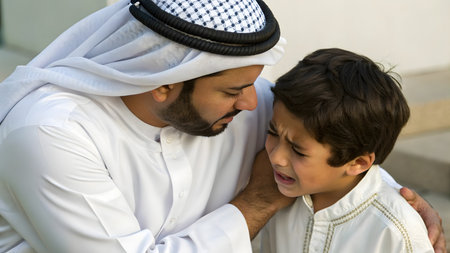Arabic man with his son on the street in Dubai, UAEの素材