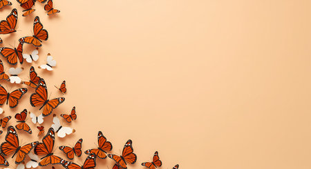 Butterflies on orange background with copy space. Top view.の素材