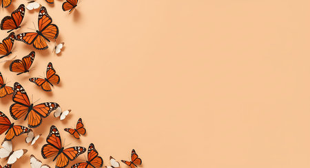Butterflies on a pastel orange background. Top view.の素材