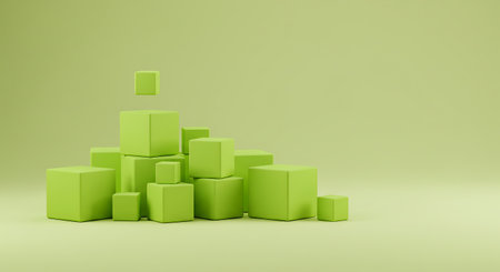3d rendering of green cubes in a row isolated on green backgroundの素材