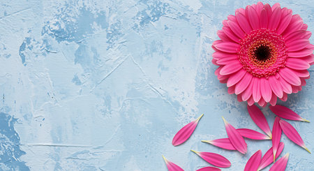 Pink gerbera flower on blue textured background with copy spaceの素材