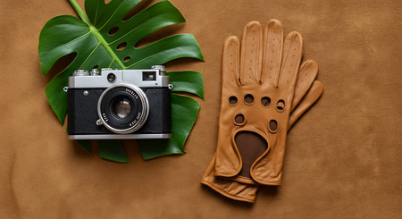 Leather gloves, vintage camera and monstera leaf on brown backgroundの素材