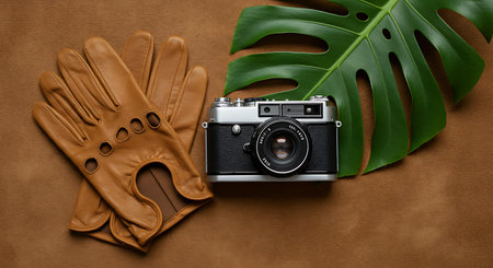 Leather gloves, camera and monstera leaf on brown leather backgroundの素材