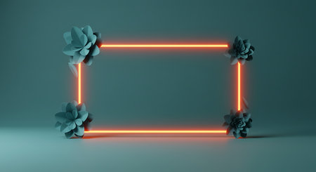 Neon frame with paper flowers, 3D rendering. Computer digital drawing.の素材
