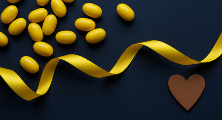 Easter eggs and yellow ribbon on a dark blue background. Top view.の素材