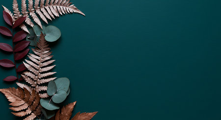 Creative layout made of autumn leaves on green background. Flat lay, top view, copy spaceの素材