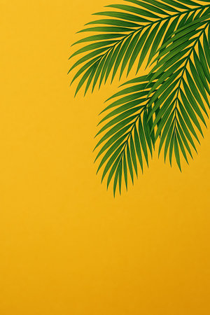 Tropical palm leaf on yellow background. Minimal summer conceptの素材