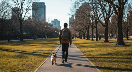 Young man walking with his dog in Central Park, New York Cityの素材