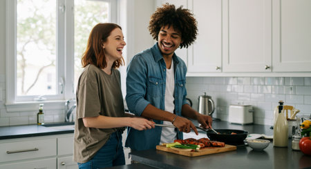 happy african american couple cooking together in kitchen at new homeの素材