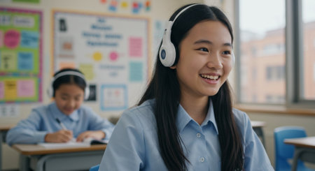 Young asian female student listening to music with headphones in classroom.の素材