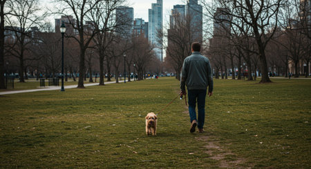 Man walking with a dog in Central Park, New York City.の素材