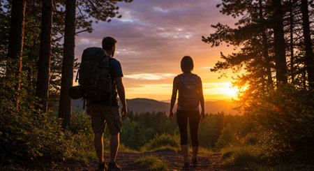 Back view of young couple with backpacks standing on mountain trail and looking at sunsetの素材