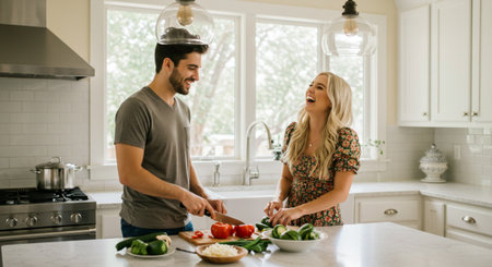 Couple cooking together in the kitchen at home. Healthy food concept.の素材