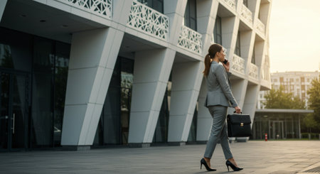 Businesswoman walking on the street with a briefcase in her handの素材