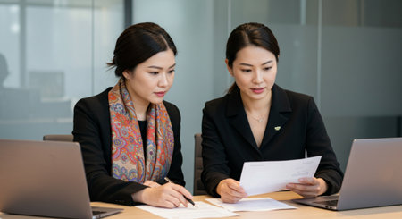 Two businesswomen working together in modern office. Business people concept.の素材
