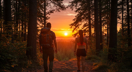Back view of a young couple with backpacks walking on a trail in the forest at sunsetの素材