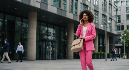 african american businesswoman in pink suit talking on smartphone and walking in cityの素材