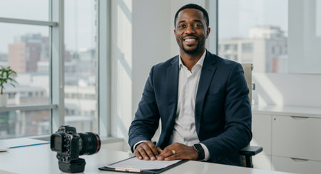 african american businessman in suit looking at camera and smiling in officeの素材