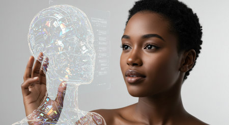 Close-up portrait of beautiful african american woman looking at virtual projection of brainの素材