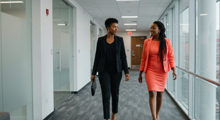 Two african american businesswomen walking in corridor of modern officeの素材