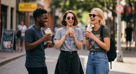 Multiethnic group of friends having fun together in the city, drinking coffee and talkingの素材