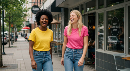 cheerful multiethnic friends walking in city street and laughingの素材