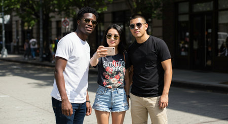 Group of friends taking a selfie on a sunny day in the cityの素材