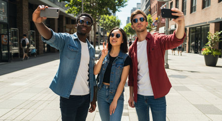 multiethnic friends taking selfie with smartphone and waving hand in cityの素材