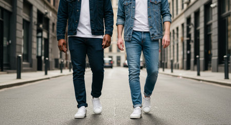 Cropped image of young man and woman walking in the city.の素材