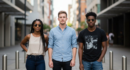 Group of young multiracial friends walking in the city. They are wearing casual clothes.の素材