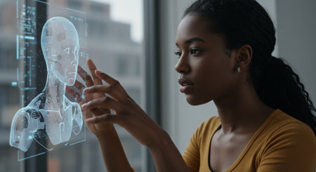 african american woman looking at x-ray scan on windowの素材