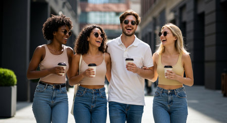Group of friends walking on the street and drinking coffee. Group of young people having fun outdoors.の素材