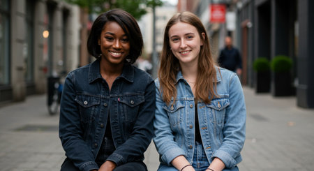 Portrait of two smiling young women sitting on a bench in the cityの素材
