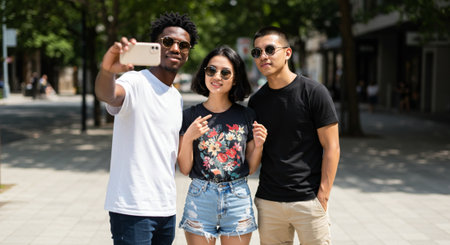 Group of friends taking a selfie in the city. Young african american man and caucasian woman in sunglasses taking a selfie outdoors.の素材