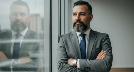 Portrait of a serious mature businessman standing with crossed arms in officeの素材