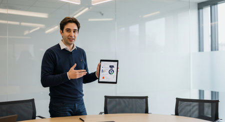 Young asian businessman using tablet computer in the meeting room. Business concept.の素材